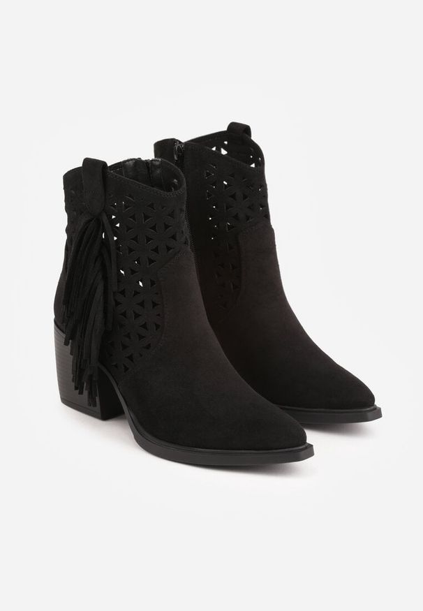 Born2be - Czarne Botki Kowbojki na Stożkowym Obcasie z Ażurowym Wzorem i Eathetina. Okazja: na co dzień. Kolor: czarny. Materiał: jeans. Wzór: ażurowy. Obcas: na obcasie. Styl: casual, elegancki, boho. Wysokość obcasa: średni