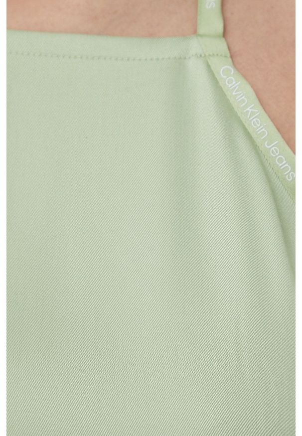 Calvin Klein Jeans sukienka kolor zielony mini rozkloszowana. Kolor: zielony. Materiał: tkanina. Długość rękawa: na ramiączkach. Wzór: gładki. Typ sukienki: rozkloszowane. Długość: mini
