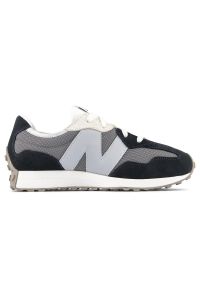 Buty dziecięce New Balance GS327LG – szare. Okazja: na co dzień. Kolor: szary. Materiał: guma, zamsz, materiał, syntetyk. Szerokość cholewki: normalna