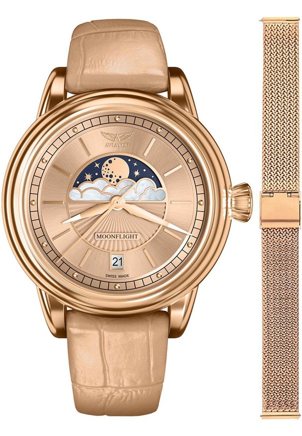 AVIATOR - Zegarek damski Aviator V.1.33.2.260.4-SET różowe złoto. Kolor: złoty, wielokolorowy, różowy