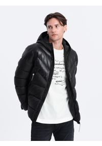 Ombre Clothing - Nowoczesna pikowana kurtka męska z łączonych materiałów – czarna V1 - Rozmiar: L. Typ kołnierza: kołnierzyk stójkowy. Kolor: czarny. Materiał: materiał. Długość: długie #3