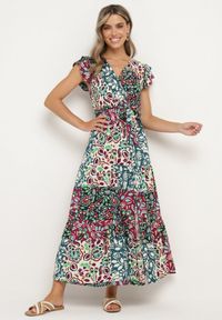 Born2be - Fioletowo-Niebieska Wiskozowa Sukienka z Gumką w Pasie i Materiałowym Paskiem w Talii Dimollia. Typ kołnierza: dekolt w kształcie V. Kolor: fioletowy. Materiał: materiał, wiskoza. Długość rękawa: krótki rękaw. Wzór: aplikacja. Sezon: lato. Styl: klasyczny, elegancki #1