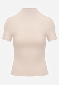 Born2be - Jasnobeżowy Dopasowany T-shirt z Wiskozy z Golfem Isovera. Okazja: do pracy, na spotkanie biznesowe. Typ kołnierza: golf. Kolor: beżowy. Materiał: wiskoza. Długość rękawa: krótki rękaw. Długość: krótkie. Wzór: aplikacja. Styl: elegancki, biznesowy #4