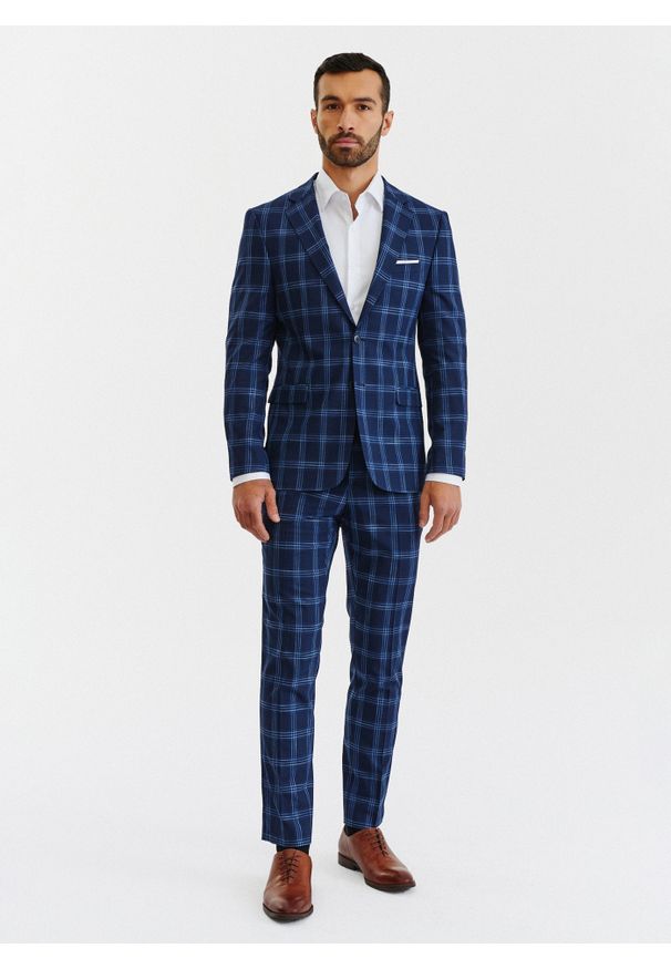 Pako Lorente - PAKO LORENTE – Granatowe spodnie garniturowe w niebieską kratę. Kolor: niebieski. Materiał: poliester, elastan, wiskoza