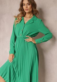 Renee - Zielona Koszulowa Sukienka z Paskiem i Plisowanym Dołem Walisa. Kolor: zielony. Materiał: materiał. Typ sukienki: koszulowe #5
