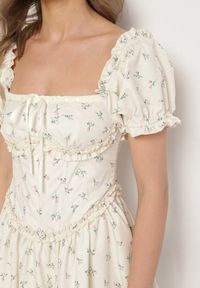 Born2be - Żółta Sukienka Vices z Bufkami Falbankami i Wiązaniem w Kwiaty Tolalira. Okazja: na co dzień. Typ kołnierza: kołnierz z falbankami. Kolor: żółty. Materiał: skóra. Wzór: kwiaty. Styl: klasyczny, casual, elegancki #4