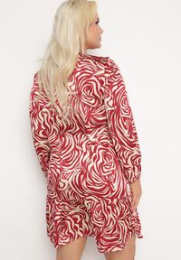 Born2be - Bordowa-Beżowa Sukienka Mini z Falbanką i Abstrakcyjnym Wzorem Ovina. Kolor: czerwony. Długość rękawa: długi rękaw. Długość: mini #6