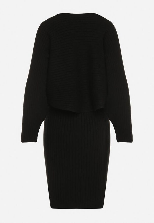 Born2be - Czarny Dzianinowy Komplet Prążkowany Sukienka i Sweter o Kroju Nietoperz Wederela. Kolor: czarny. Materiał: dzianina, prążkowany