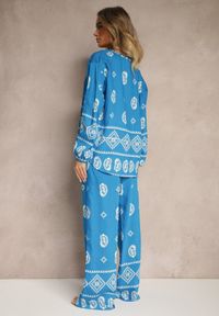 Renee - Niebieski Komplet w Stylu Etno Spodnie z Gumką w Pasie i Bluzka Oversize Eviralyn. Kolor: niebieski #5