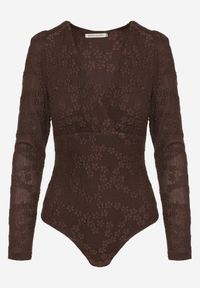 Renee - Brązowe Body Longsleeve z Kopertowym Dekoltem w Kwiatowy Print Zenneva. Typ kołnierza: dekolt w kształcie V. Kolor: brązowy. Długość rękawa: długi rękaw. Długość: długie. Wzór: nadruk, kwiaty #3