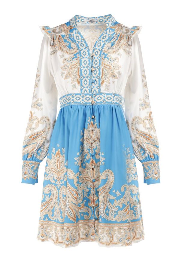 Born2be - Biało-Niebieska Sukienka Phiniope. Typ kołnierza: kołnierz z falbankami. Kolor: niebieski. Długość rękawa: długi rękaw. Długość: mini