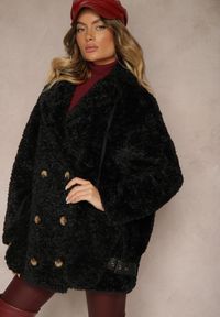 Renee - Czarna Dwurzędowa Kurtka Futerkowy Płaszcz z Dodatkowymi Rękawiczkami Hetirra. Okazja: na co dzień, na spacer. Kolor: czarny. Materiał: jeans. Styl: casual, elegancki