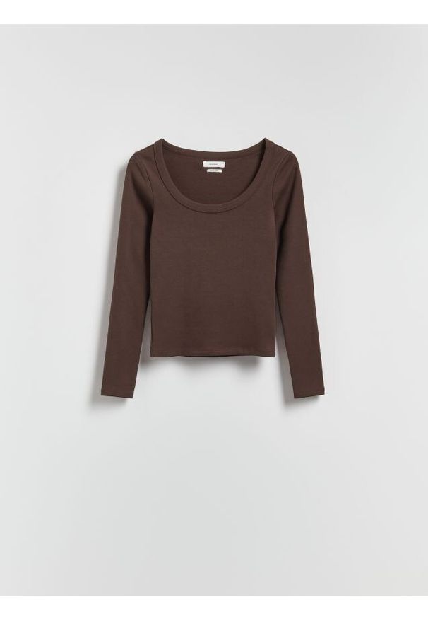 Reserved - Bawełniany longsleeve - ciemnobrązowy. Kolor: brązowy. Materiał: bawełna. Długość rękawa: długi rękaw