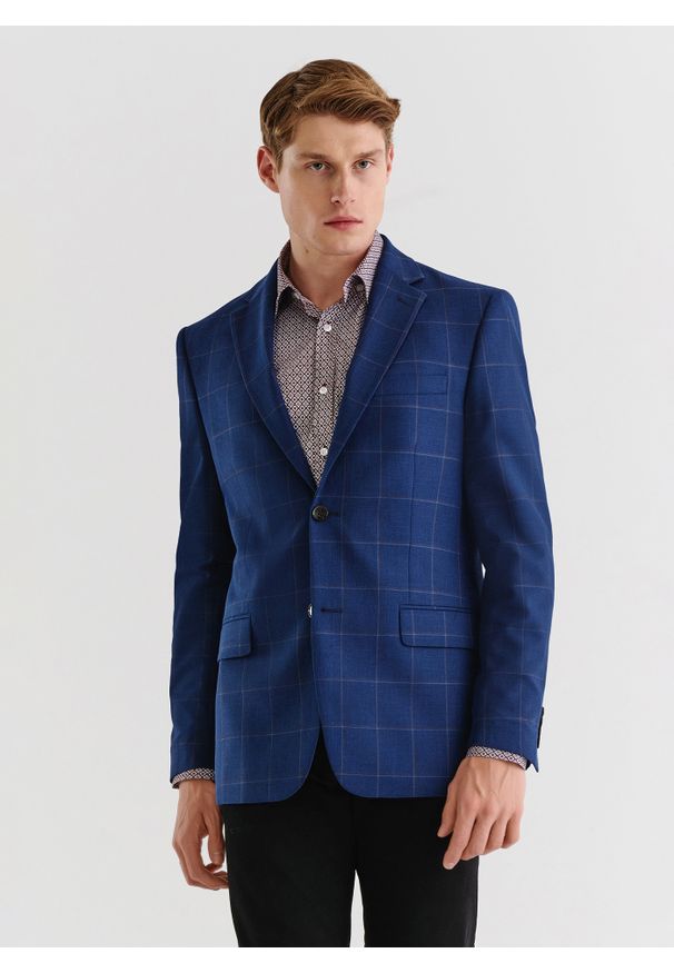 Pako Lorente - PAKO LORENTE – Granatowa marynarka casualowa w kratę. Okazja: na co dzień. Kolor: niebieski. Materiał: wełna, bawełna, poliester. Styl: casual