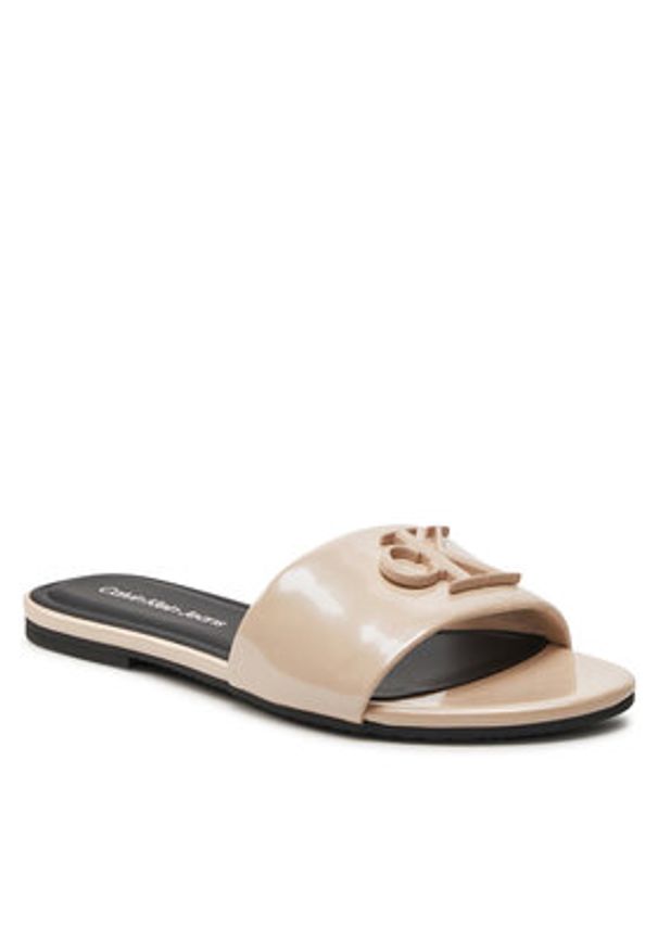 Calvin Klein Jeans Klapki Flat Sandal Slide Mg Met YW0YW01348 Beżowy. Kolor: beżowy. Materiał: skóra