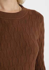 Born2be - Ciemnobrązowy Klasyczny Sweter z Tłoczonym Zdobieniem Nainea. Okazja: na co dzień. Kolor: brązowy. Wzór: aplikacja. Styl: klasyczny