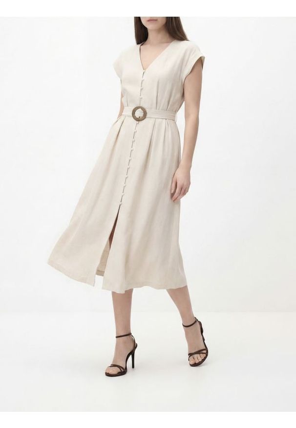 Reserved - Sukienka z dodatkiem lnu - beżowy. Kolor: beżowy. Materiał: len