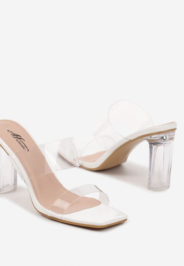Renee - Białe Klapki z Transparentnymi Paskami i Słupkiem Galinda. Kolor: biały. Sezon: lato. Obcas: na słupku. Styl: elegancki