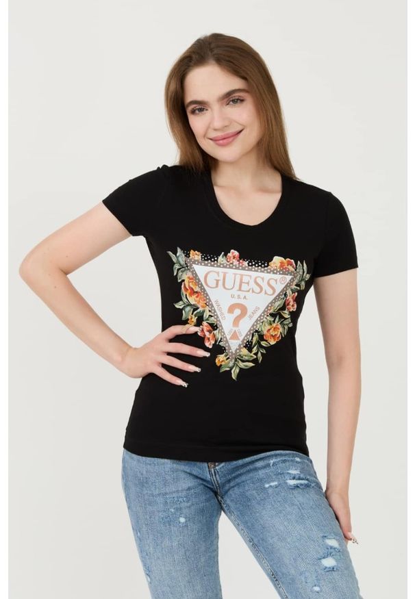 Guess - GUESS Czarny damski t-shirt Triangle Flowers, Rozmiar S. Kolor: czarny