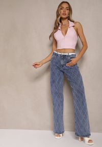 Renee - Niebieskie Jeansy High Waist z Szeroką Nogawką w Romby Carinell. Okazja: na co dzień. Stan: podwyższony. Kolor: niebieski. Styl: casual, elegancki
