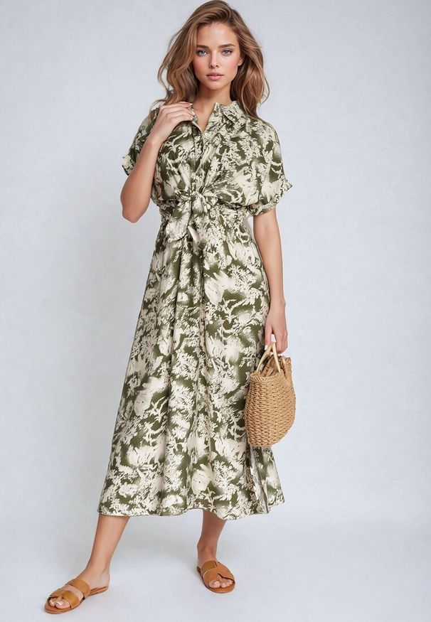 Born2be - Zielono-Beżowa Taliowana Sukienka z Gumką w Pasie Zapinana na Guziki Nasica. Okazja: na co dzień. Kolor: zielony. Materiał: materiał, wiskoza, jeans. Długość rękawa: krótki rękaw. Typ sukienki: proste. Styl: klasyczny, casual, elegancki