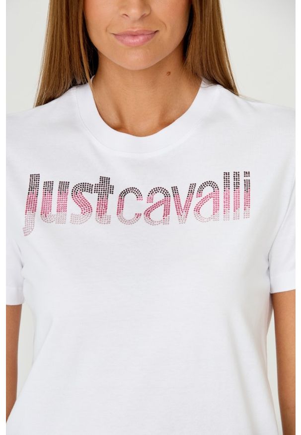 Just Cavalli - JUST CAVALLI Biały damski t-shirt R LOGO CRYSTAL, Rozmiar XL. Kolor: biały. Materiał: bawełna