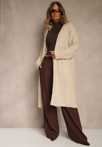 Renee - Beżowy Długi Kardigan Niezapinany z Bawełną Ferrive. Okazja: na co dzień. Kolor: beżowy. Materiał: bawełna. Długość: długie. Styl: casual #4