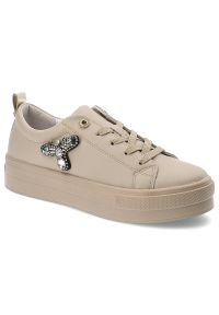 Beżowe Sneakersy Filippo Modne Obuwie Damskie. Okazja: na co dzień. Kolor: beżowy. Materiał: guma, jeans, materiał, skóra. Wzór: aplikacja