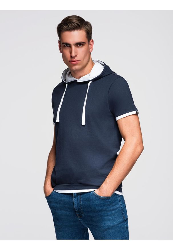 Ombre Clothing - T-shirt męski bawełniany z kapturem – granatowy V4 - Rozmiar: M. Okazja: na co dzień. Typ kołnierza: kaptur. Kolor: niebieski. Materiał: bawełna. Styl: klasyczny, casual, elegancki