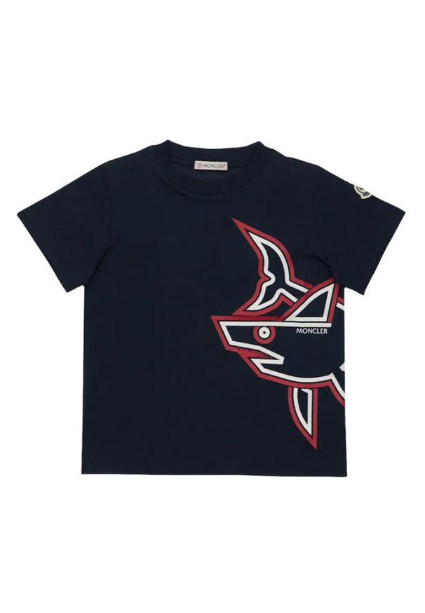 MONCLER KIDS - Granatowy t-shirt z nadrukiem Shark 4-8 lat. Kolor: niebieski. Materiał: bawełna. Wzór: nadruk. Sezon: lato. Styl: klasyczny