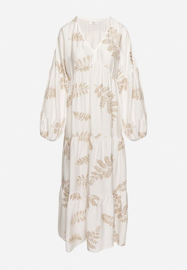 Born2be - Biała Wiskozowa Sukienka Rozkloszowana z Metalicznymi Haftami Fennala. Okazja: na co dzień. Typ kołnierza: dekolt w kształcie V. Kolor: biały. Materiał: wiskoza. Długość rękawa: długi rękaw. Wzór: haft. Styl: casual