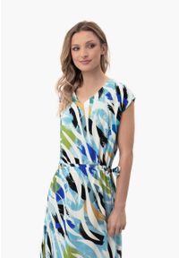 Volcano - Długa, letnia sukienka G-MILOS. Okazja: na co dzień, na spacer. Typ kołnierza: dekolt w serek. Kolor: niebieski. Wzór: kolorowy. Typ sukienki: proste. Materiał: wiskoza, materiał, tkanina. Długość rękawa: krótki rękaw. Sezon: lato. Styl: casual, wakacyjny, elegancki. Długość: maxi #1