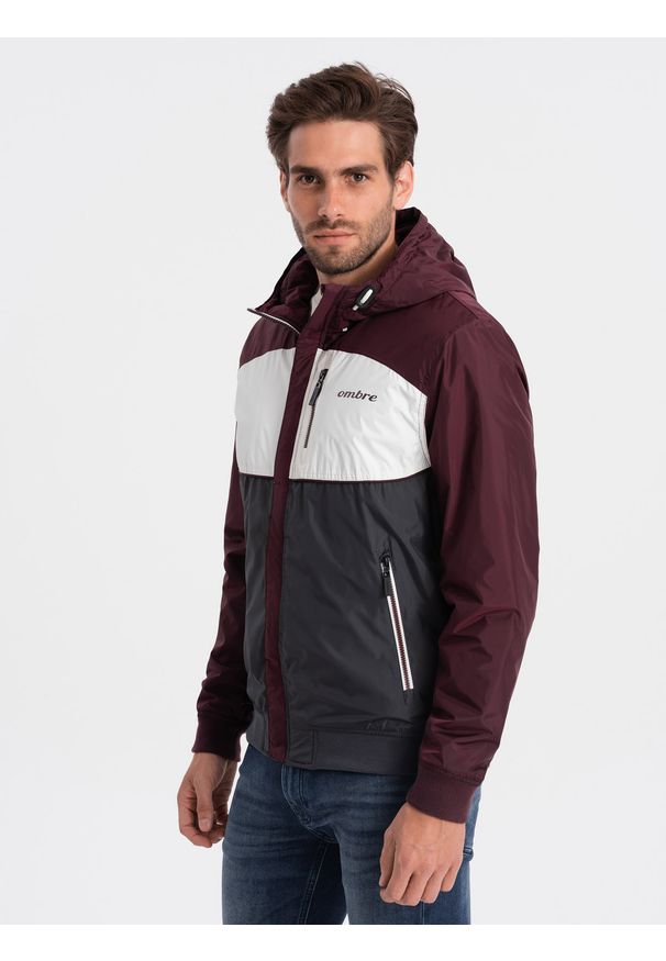 Ombre Clothing - Kurtka męska sportowa - bordowa V18 C447 - S. Kolor: czerwony. Materiał: poliester, polar. Sezon: jesień. Styl: sportowy
