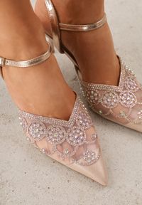 Born2be - Szampańskie Czółenka na Szpilce VICES z Siateczkową Cholewką z Brokatem i Cyrkoniami Venbanise. Okazja: na komunię, na wesele, na ślub cywilny. Zapięcie: sprzączka. Kolor: złoty. Materiał: tiul. Szerokość cholewki: normalna. Wzór: aplikacja. Obcas: na szpilce. Styl: klasyczny, elegancki #3