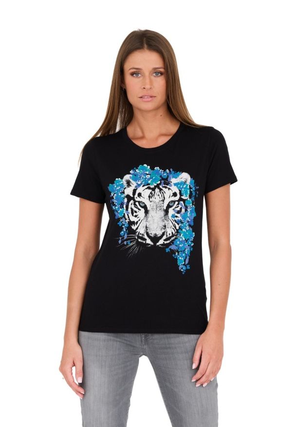 Guess - GUESS Czarny t-shirt z printem. Kolor: czarny. Materiał: bawełna. Wzór: nadruk