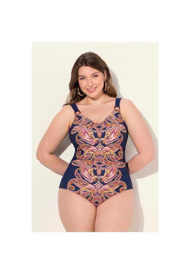 ULLA POPKEN - Damski Kostium kąpielowy wzór paisley miękkie miseczki z recyklingu. Kolekcja: plus size. Kolor: niebieski. Materiał: elastan, poliamid, materiał. Wzór: paisley