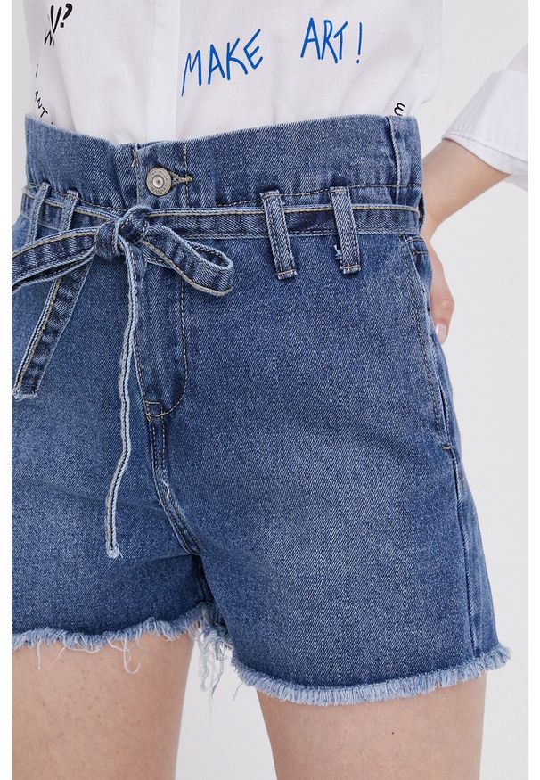 Answear Lab Szorty jeansowe damskie gładkie high waist. Okazja: na co dzień. Stan: podwyższony. Kolor: niebieski. Materiał: jeans. Wzór: gładki. Styl: wakacyjny