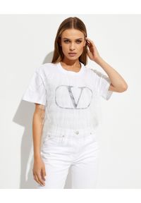 VALENTINO - T-shirt z tiulowym zdobieniem. Typ kołnierza: dekolt w kształcie V. Kolor: biały. Materiał: tiul. Wzór: aplikacja. Styl: klasyczny #1