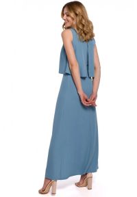 Sukienki.shop - Długa zmysłowa sukienka z falbaną i rozcięciem niebieska. Okazja: na ślub cywilny, na wesele, na imprezę. Kolor: niebieski. Długość rękawa: na ramiączkach. Styl: elegancki. Długość: maxi #2