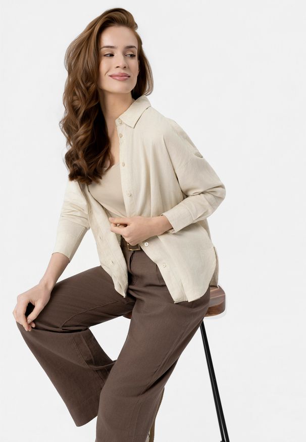 Volcano - Koszula z lnem K-VEHI. Kolor: beżowy. Materiał: len. Wzór: paski. Sezon: wiosna, lato