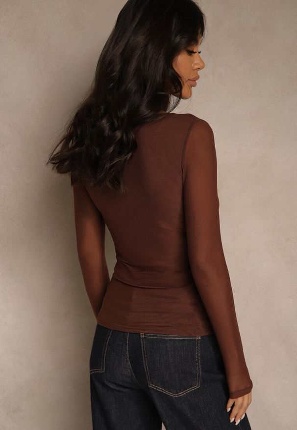 Renee - Brązowa Bluzka Longsleeve z Siateczki z Wiskozą z Dekoltem w Serce Elinevia. Kolor: brązowy. Materiał: wiskoza. Długość rękawa: długi rękaw