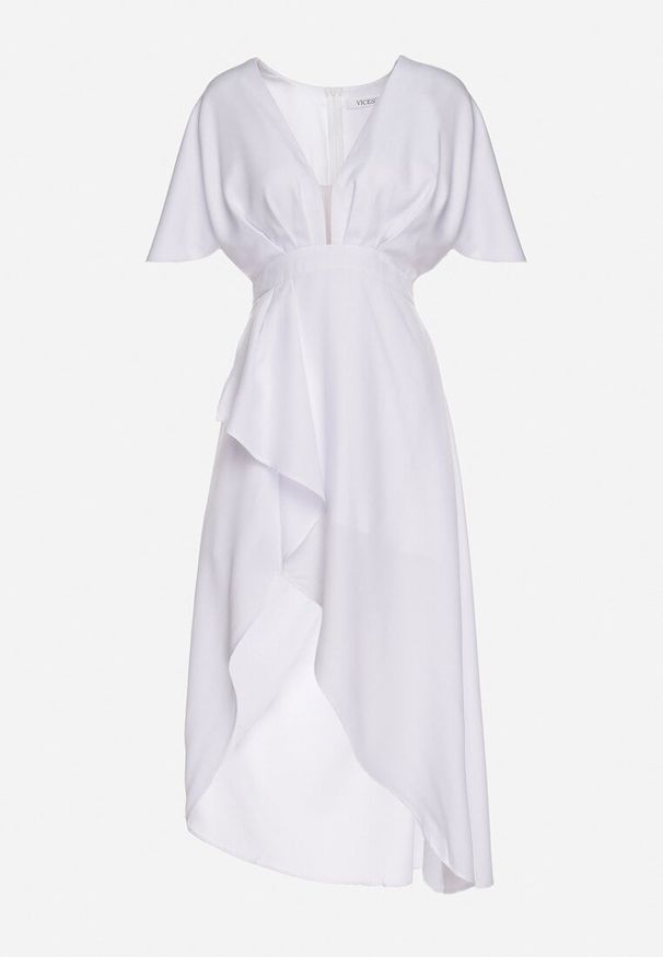 Born2be - Jasnobeżowa Koktajlowa Sukienka Vices o Asymetrycznym Kroju z Falbanką Finexia. Okazja: na ślub cywilny, na wesele, na imprezę. Kolor: beżowy. Wzór: aplikacja. Typ sukienki: asymetryczne. Styl: wizytowy