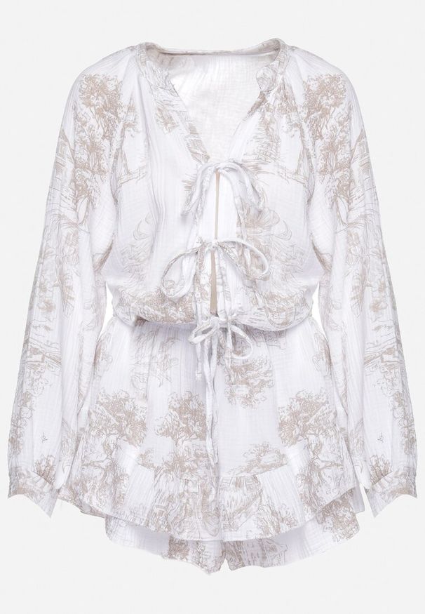 Born2be - Beżowy Bawełniany Kombinezon Muślinowy z Wiązaniem i Spódnico-Szortami Vimarosa. Kolor: beżowy. Materiał: bawełna. Styl: elegancki