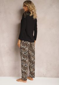 Renee - Beżowo-Czarny Bawełniany Komplet Piżamowy z Bluzką Ozdobioną Napisem i Spodniami na Gumce Zelenere. Kolor: beżowy. Materiał: bawełna. Wzór: napisy, aplikacja #3