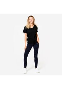 DOMYOS - Legginsy fitness damskie Domyos. Kolor: niebieski. Materiał: materiał, elastan, bawełna. Długość: długie. Sport: fitness
