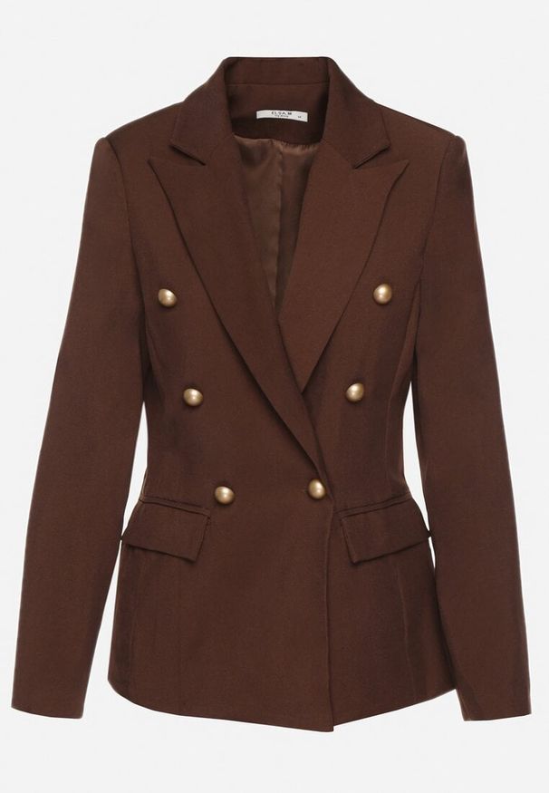 Born2be - Brązowa Marynarka Dwurzędowa z Usztywnionymi Ramionami Clamira. Okazja: na co dzień. Kolor: brązowy. Materiał: jeans, poliester. Styl: casual