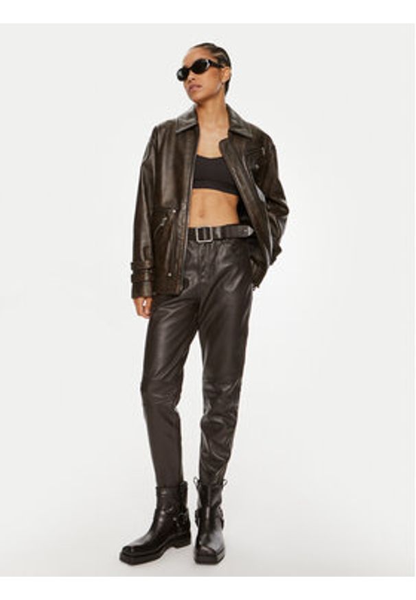 Pinko Spodnie skórzane Papua 103896 A21L Brązowy Relaxed Fit. Kolor: brązowy. Materiał: skóra