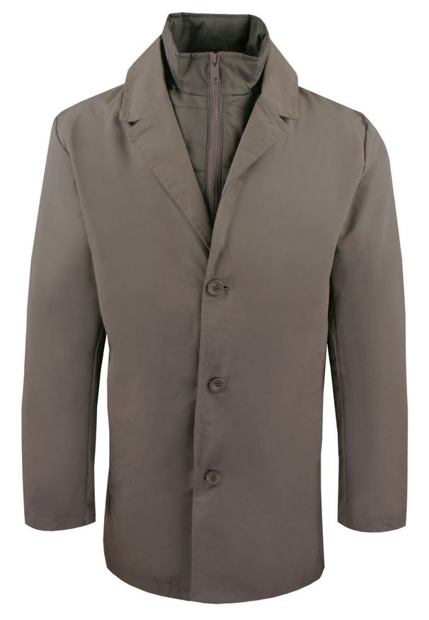 Krótki, Męski Płaszcz Przejściowy z Wysokim Kołnierzem - Brave Soul - Taupe. Kolor: wielokolorowy, beżowy, brązowy. Materiał: poliester. Długość: krótkie. Sezon: wiosna, jesień