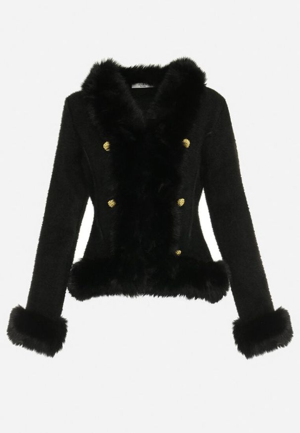 Born2be - Czarna Wiskozowa Kurtka Ozdobiona Puchatym Futerkiem i Biżuteryjnymi Guzikami Radona. Kolor: czarny. Materiał: wiskoza, futro. Wzór: aplikacja