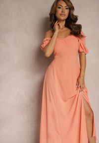 Renee - Pomarańczowa Sukienka Wieczorowa z Hiszpańskim Dekoltem i Rozcięciem Vikiya. Kolor: pomarańczowy. Materiał: materiał. Wzór: aplikacja. Styl: wizytowy #3